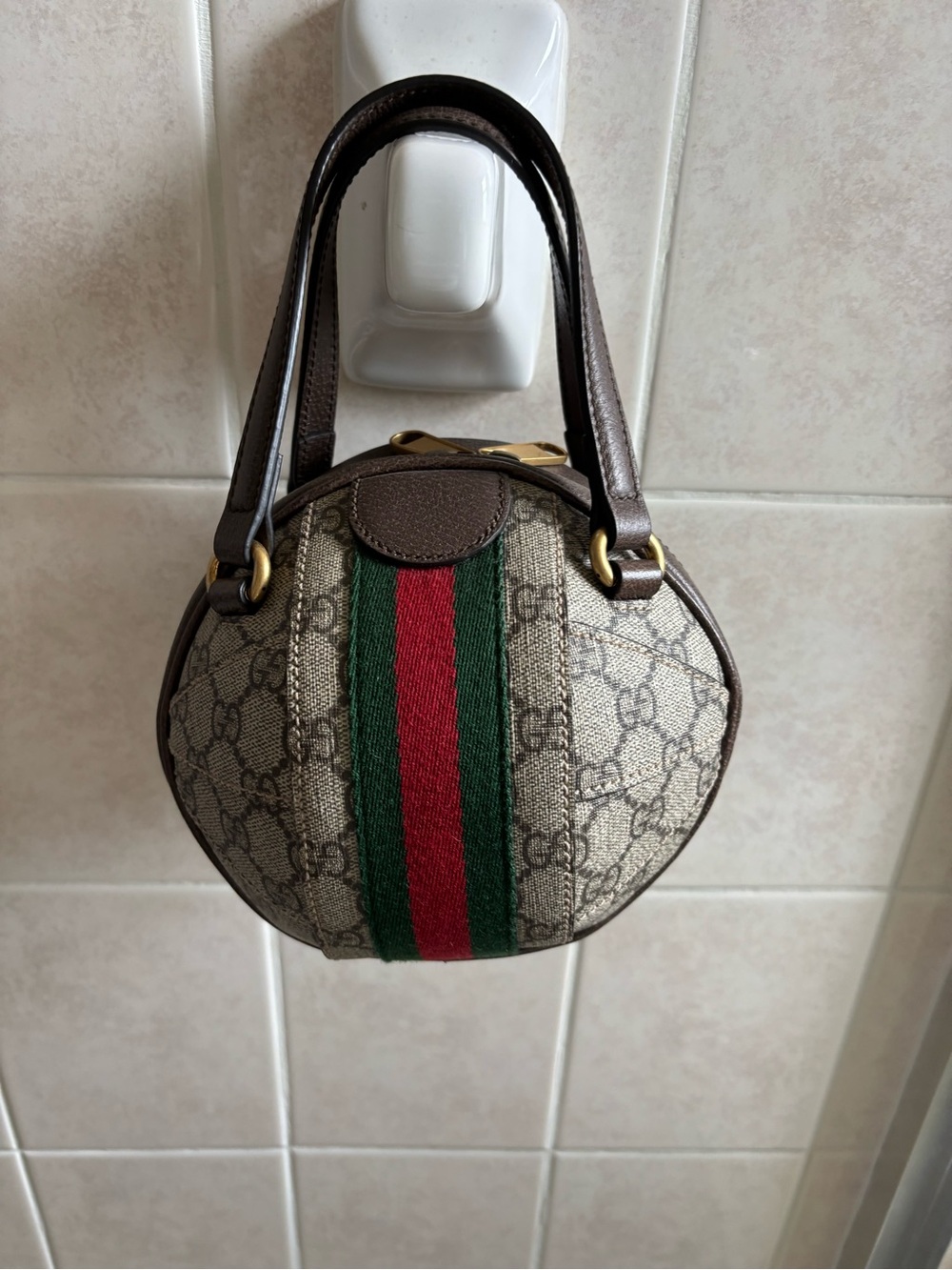 Gucci Beige GG Canvas Mini Top Handle Bag with Green-Red Web - Picture 3 of 7